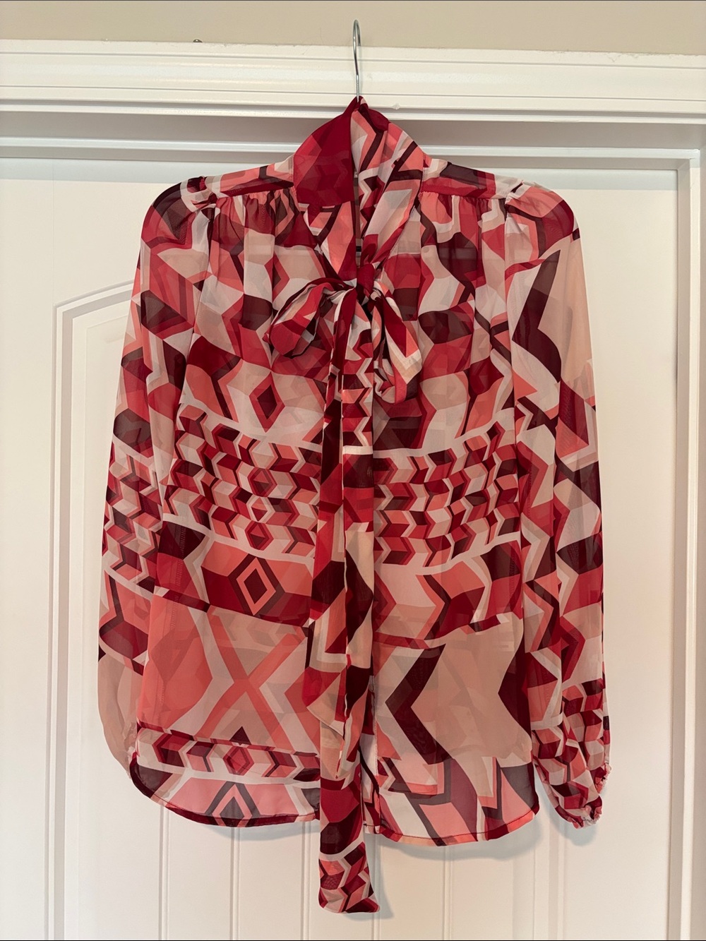 eva mendes for New York & Company Red Geometric Tie-Neck Blouse